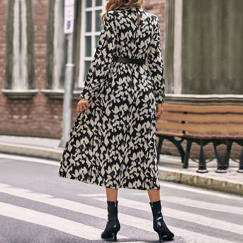 LOVEVOP New Hot New Fashion 2025 Women's Clothing Long Sleeve Half Turtleneck Printed Waist Temperament Dress