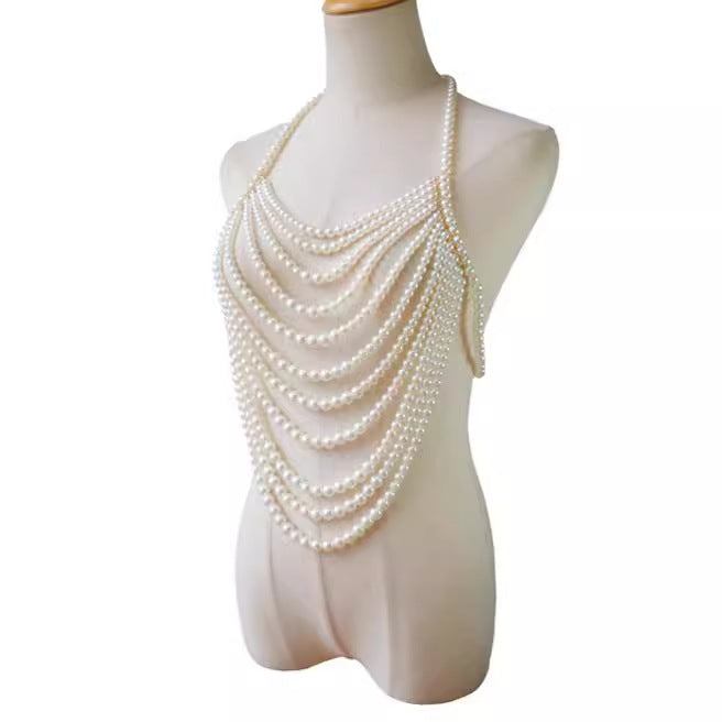2025 XH4523 New jewelry pearl fashion multi-layer necklace chest chain sexy chest chain pearl body chain accessories