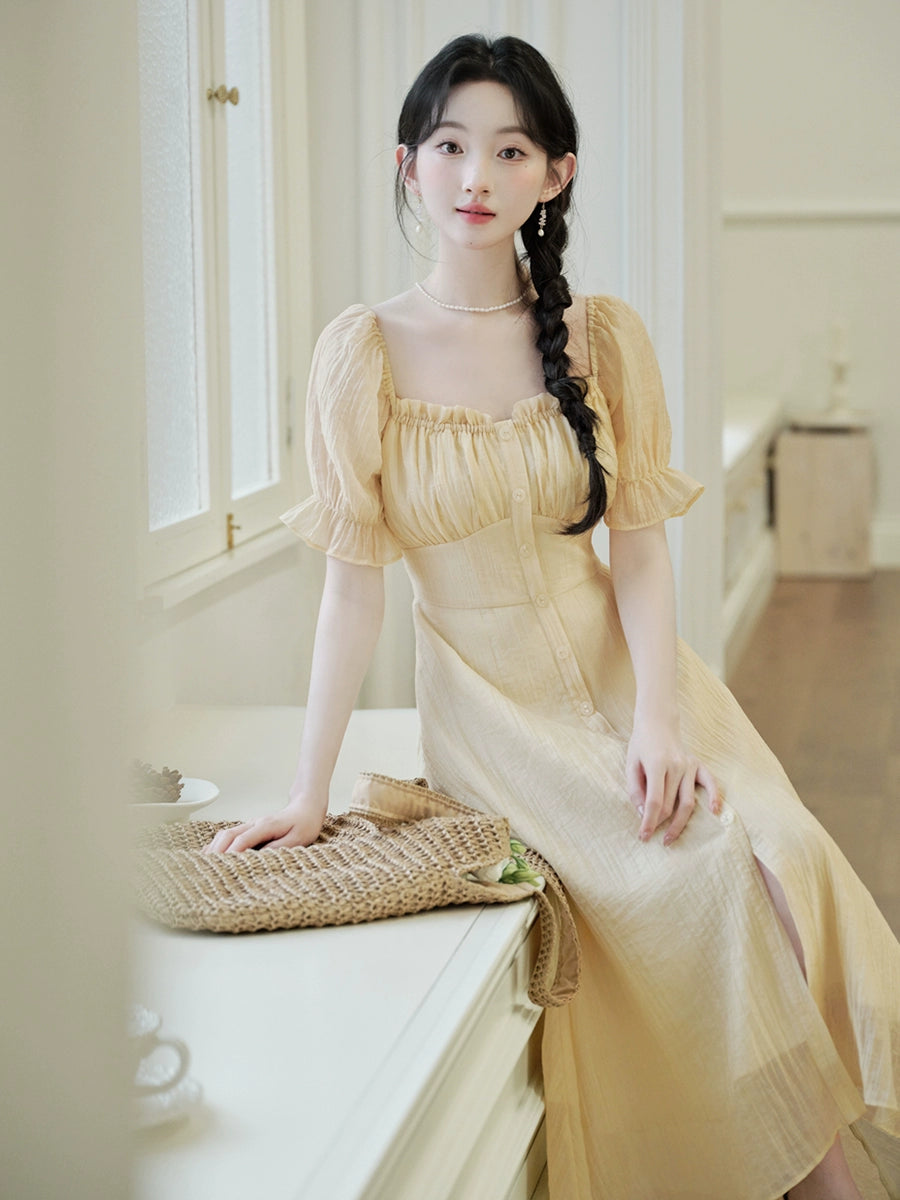 Summer great-looking skirt romantic bubble sleeve yellow dress women's summer waist slim A-shaped dress