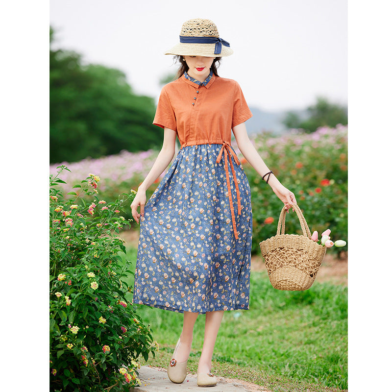 High-end temperament women's clothing summer new loose Popular floral shirt short-sleeved temperament cotton and linen dress