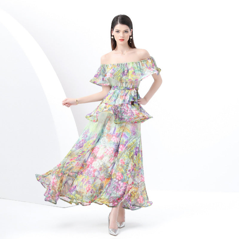 style sexy one-word shoulder chiffon printing high-end three-dimensional ruffle edge waist thin dress vacation dress