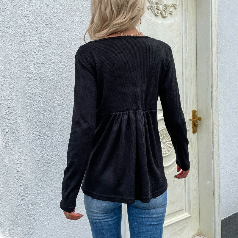 LOVEVOP Popular trade New new products autumn Middle East women's black v-neck button-pulled pleated bottomed knitted jumper