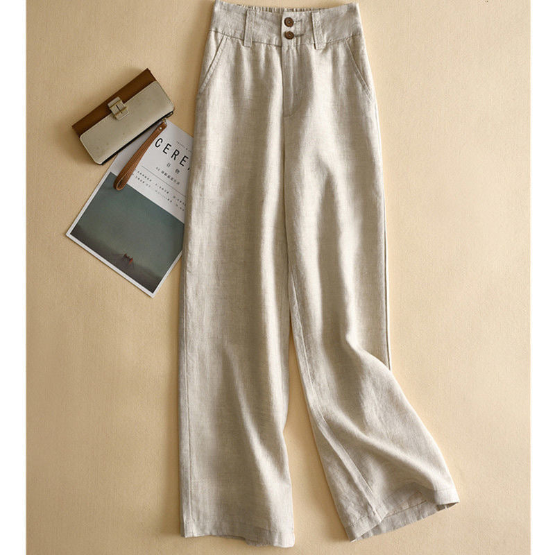 Large size wide-leg pants women's high waist drape summer new loose casual and thin cotton and linen nine-point straight-leg pants