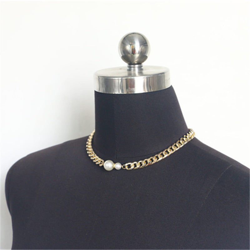 2025 MW2590 necklace fashion personality size pearl grains joined gold metal flat chain necklace neck jewelry