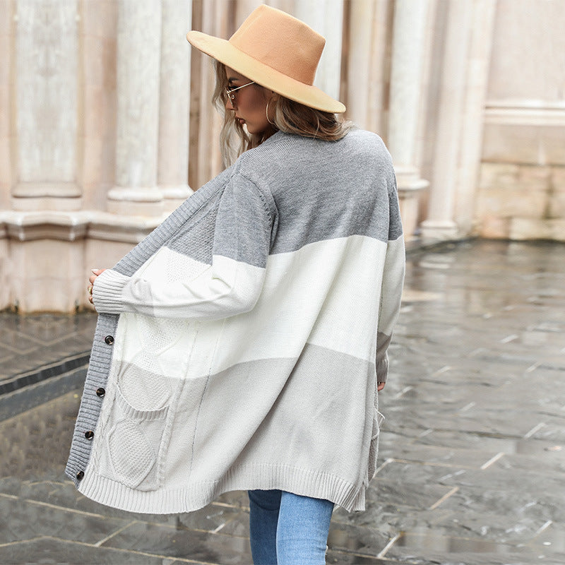 LOVEVOP New Women's Clothing Hot Autumn and Winter New Long Knitted Cardigan Pocket Twist Sweater Jacket