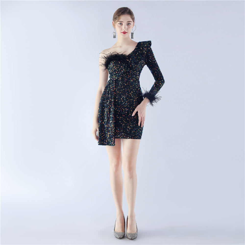 31330 #Hot Trade popular New Product Craftsmanship Order Ostrich Hair Annual Meeting Dinner Performance Short Evening Dress