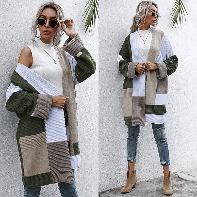 LOVEVOP Hot new autumn and winter fashion color matching knitted sweater medium and long 2025 lazy style trade cardigan jacket women