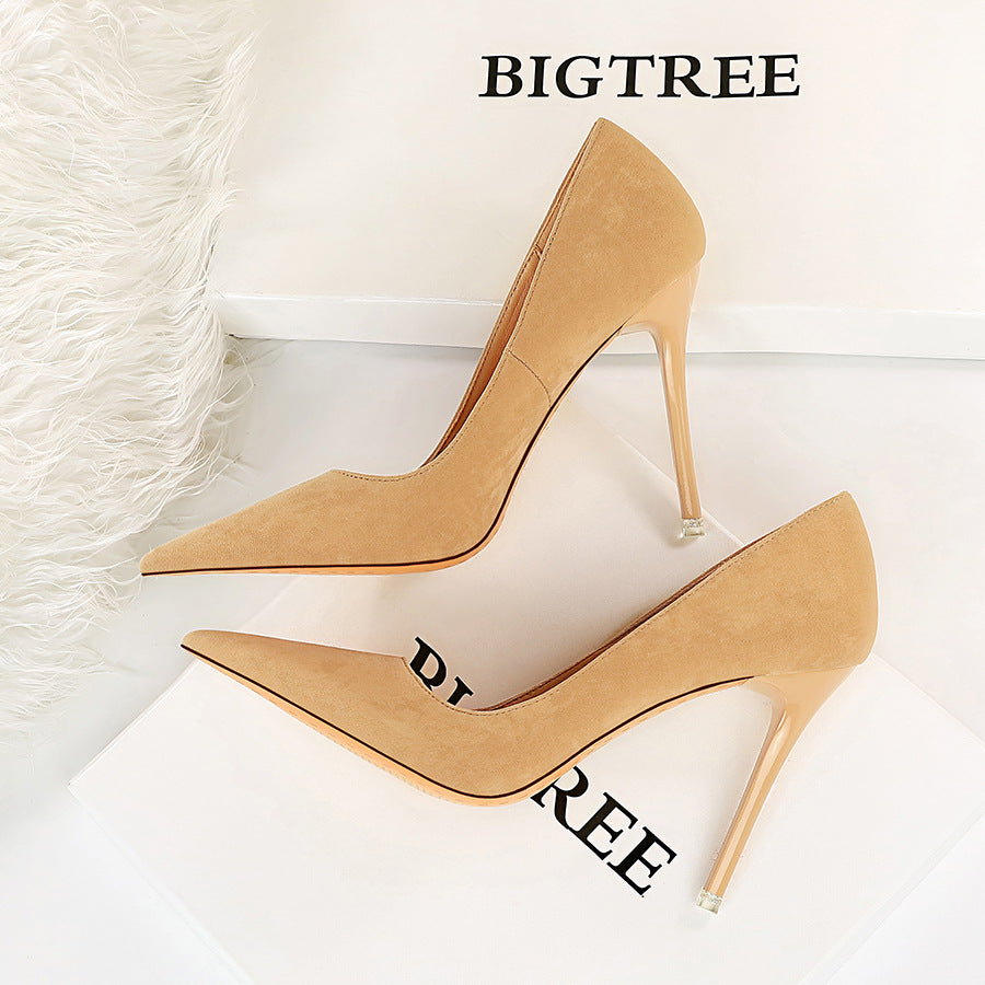 2025 1829-7 style fashionable simple thin heel super high heel suede light mouth pointed head sexy nightclub showing thin women's single shoes