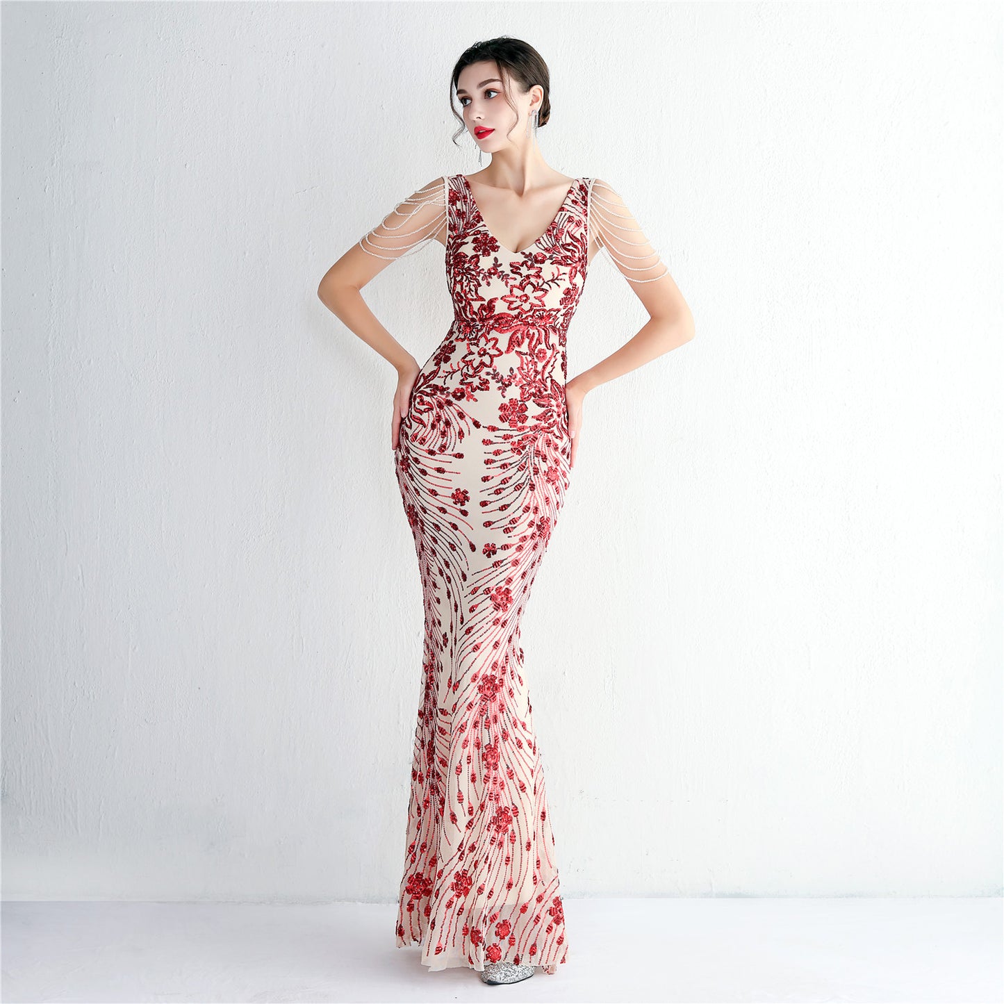 19607 #New evening dress long banquet slim evening dress temperament elegant long sequins annual meeting host