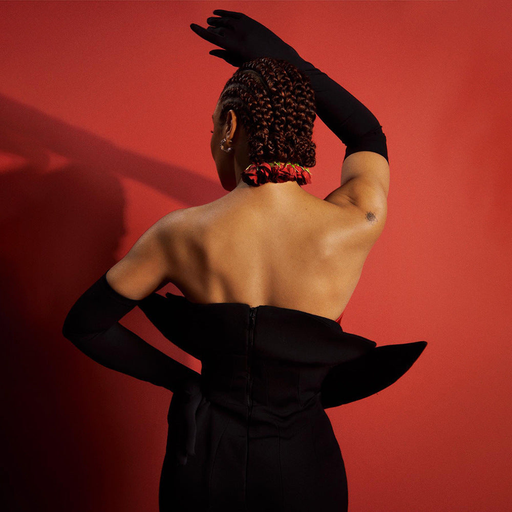 LOVEVOP 2023 black flower dress gloves long dress fishtail dress banquet new evening dress high-end Popular trade dress