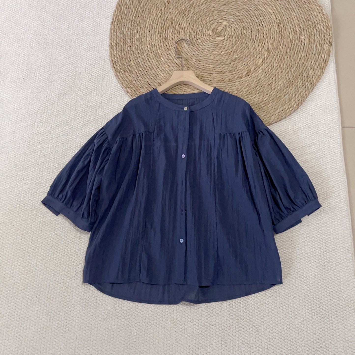 2025 Summer Japanese Literature and Art Mori Small Stand-Up Collar Middle Sleeve Color Button Doll Shirt Small Shirt