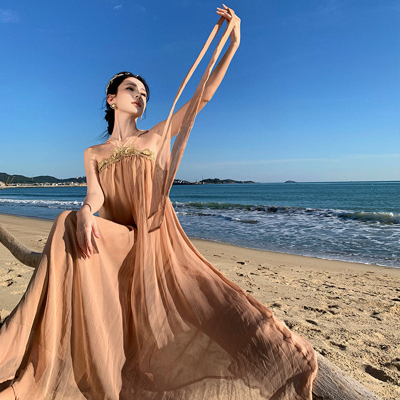 2025 Chic and beautiful one-word shoulder neck dress women's summer high-end desert travel photo seaside vacation beach dress