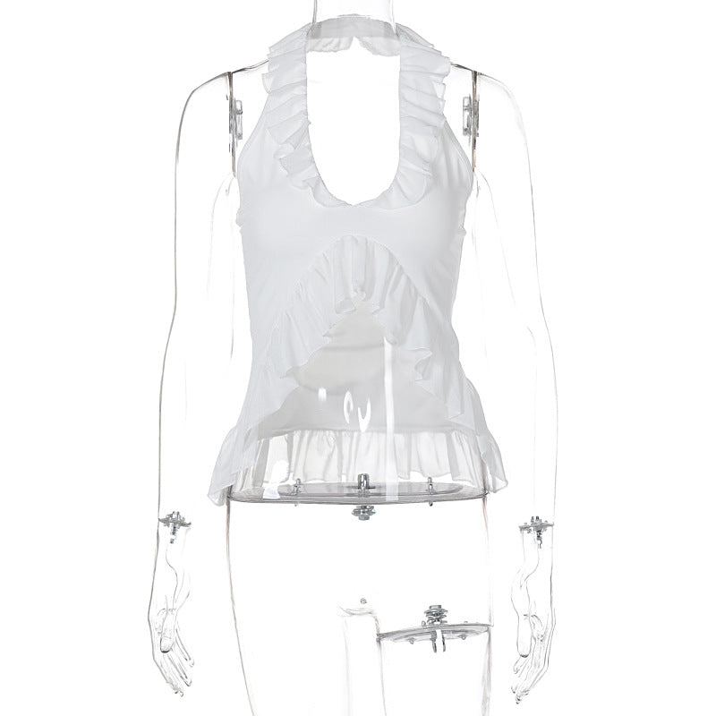 LOVEVOP 2025 style cross-border Hot summer new neck fungus edge exposed button V-neck solid color sexy splicing mesh, women's clothing