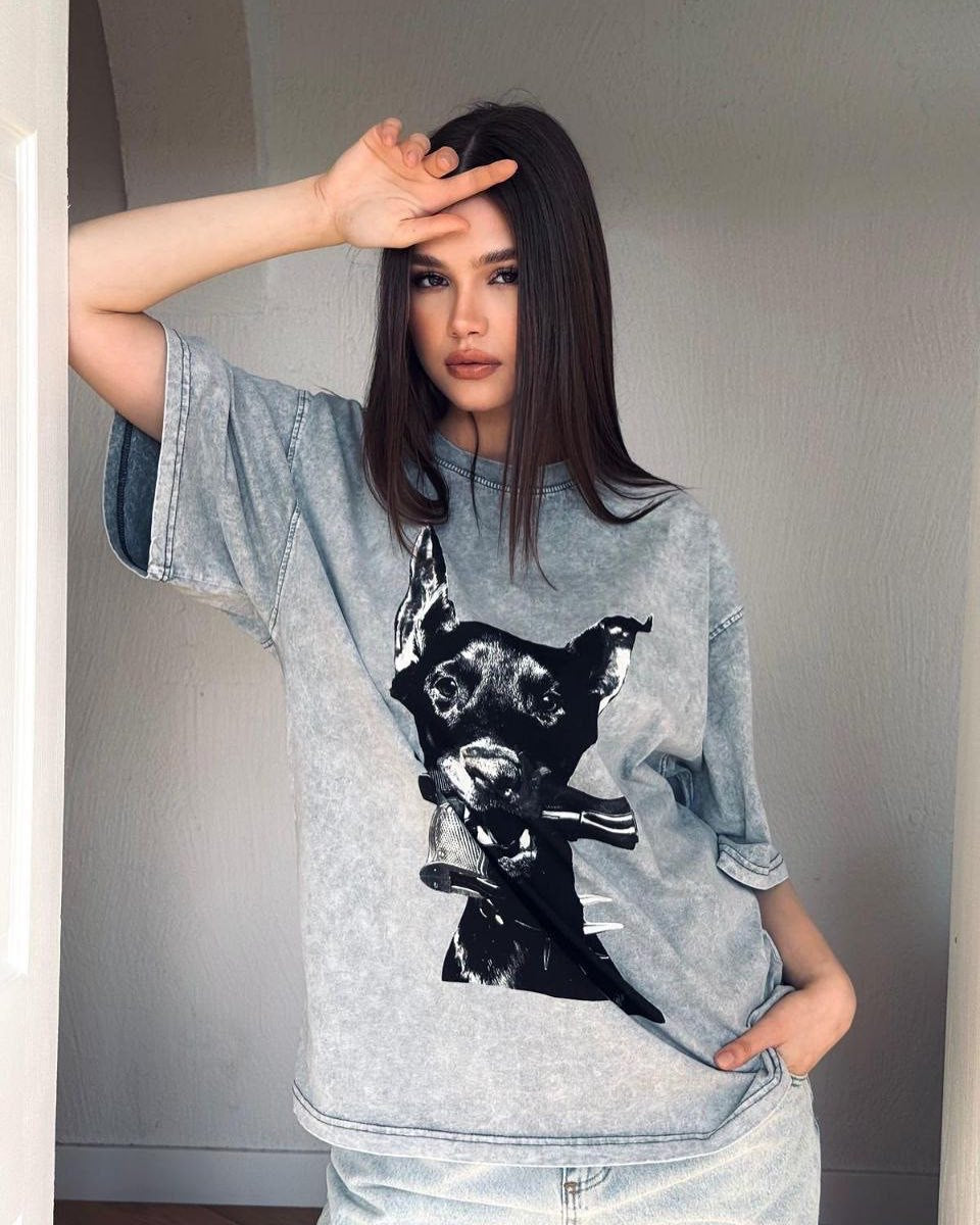 Funny fun puppy print T-shirt women's summer new ins tops loose and versatile round neck short-sleeved T-shirt