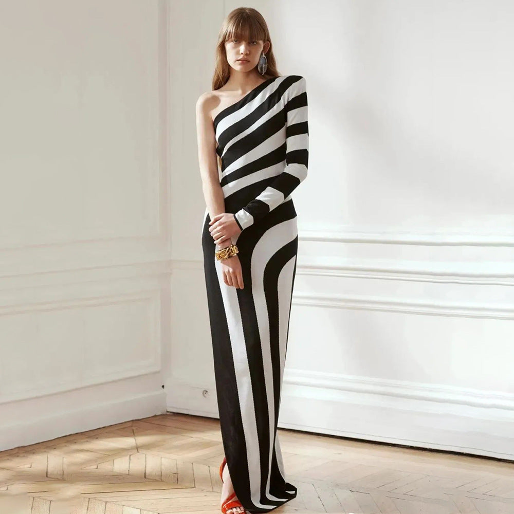LOVEVOP Cross-border autumn and winter black and white striped sexy high split shoulder dress fashion long bandage dress
