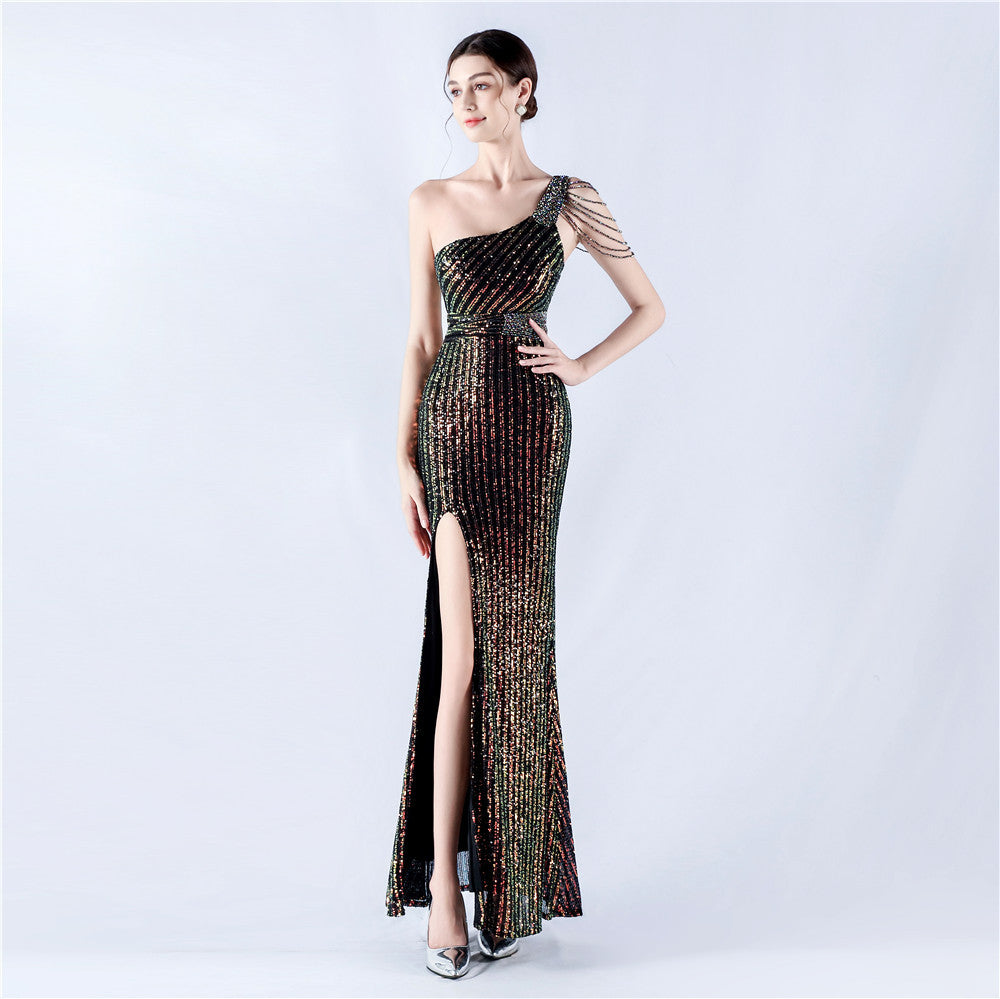 33010 #Popular trade dress heavy industry beaded single shoulder oblique collar high fork sequined dinner dress