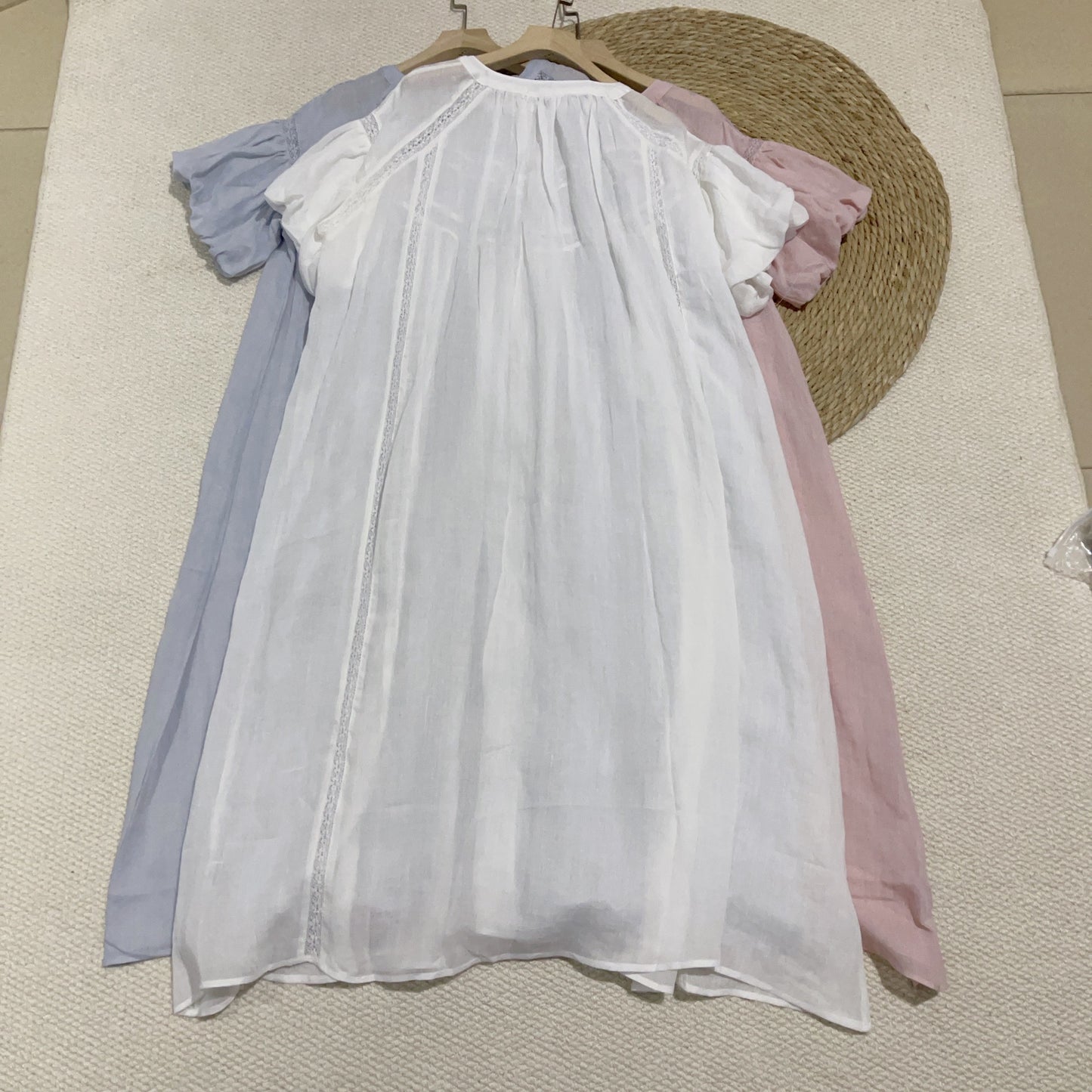 Shallow Spring Dress Smart Girl Romantic Fairy Lace Bubble Short Sleeve Dress Crew Neck Girl