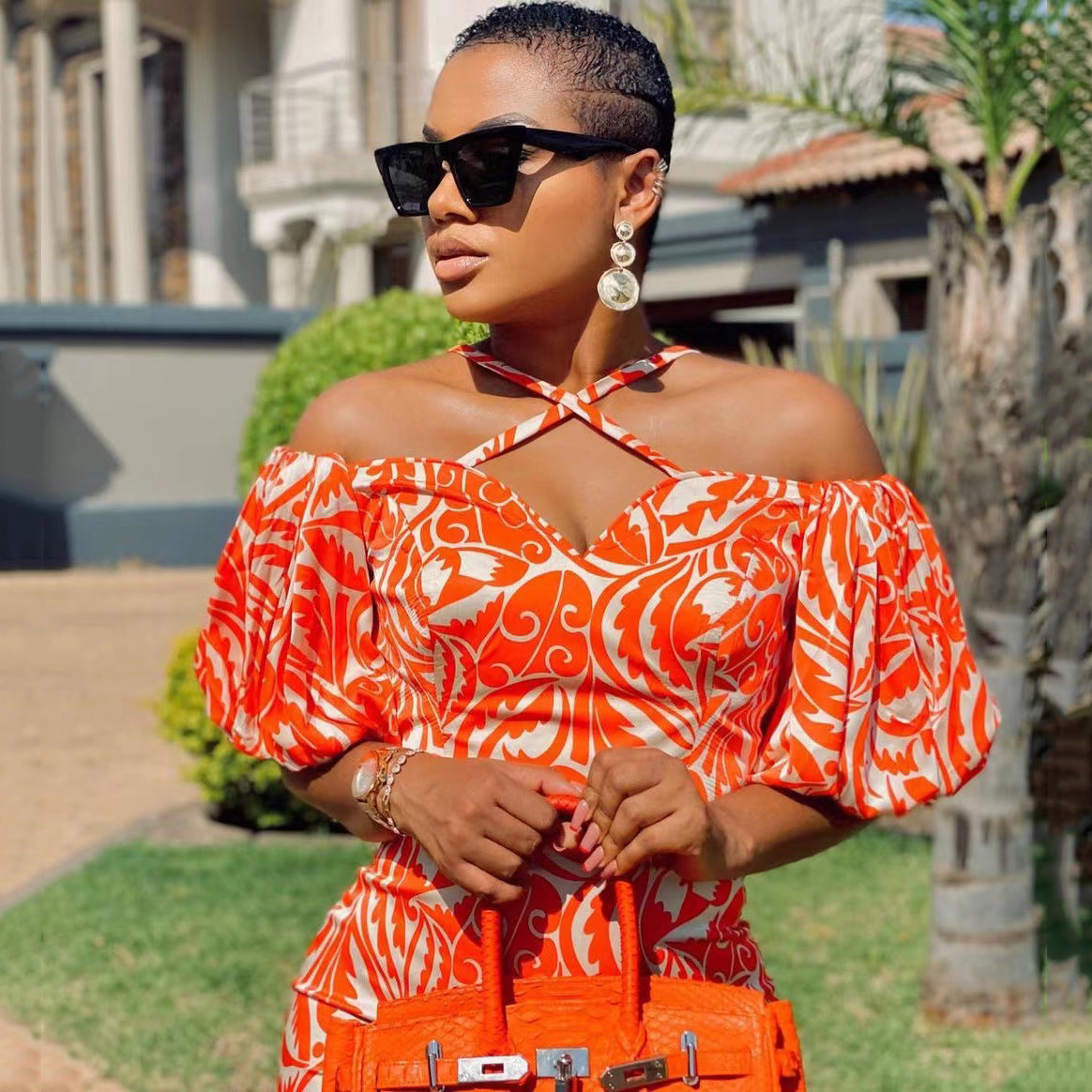 2025 New new spring and summer 2025 women's clothing dress printed open-ended tube top hanging neck V-neck long dress