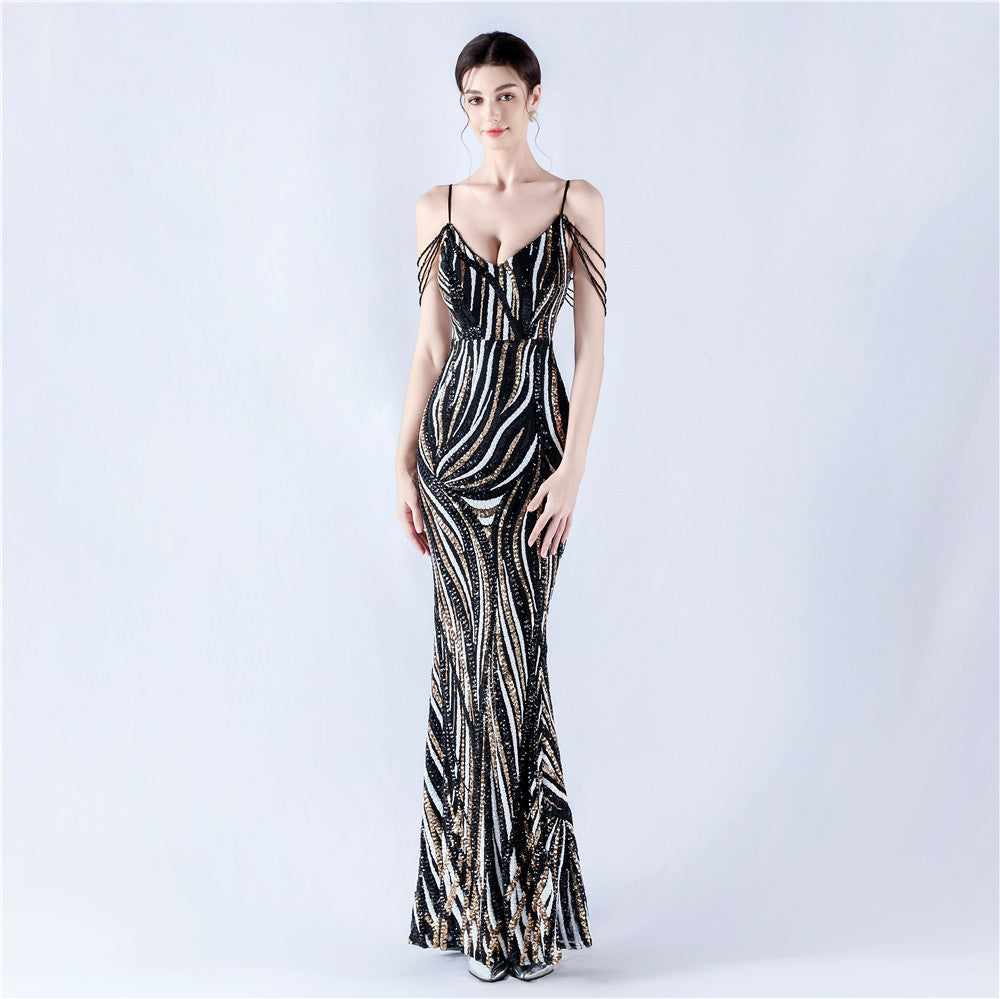 33028 #Hot trade new sequined striped color matching slim-fitting dinner host annual meeting suspender long dress women