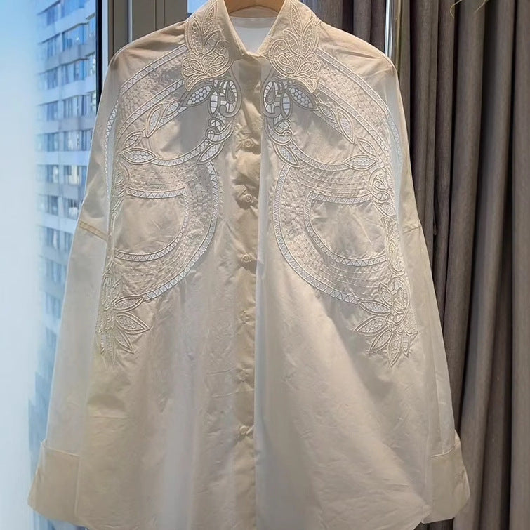 2025 Medium and long solid color embroidered shirt women's spring Korean version new lapel long-sleeved top loose Popular style shirt