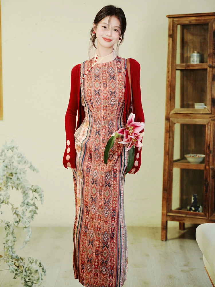 Ethnic tourism vacation new Chinese floral dress national style improved sleeveless red cheongsam women's cardigan two-piece set