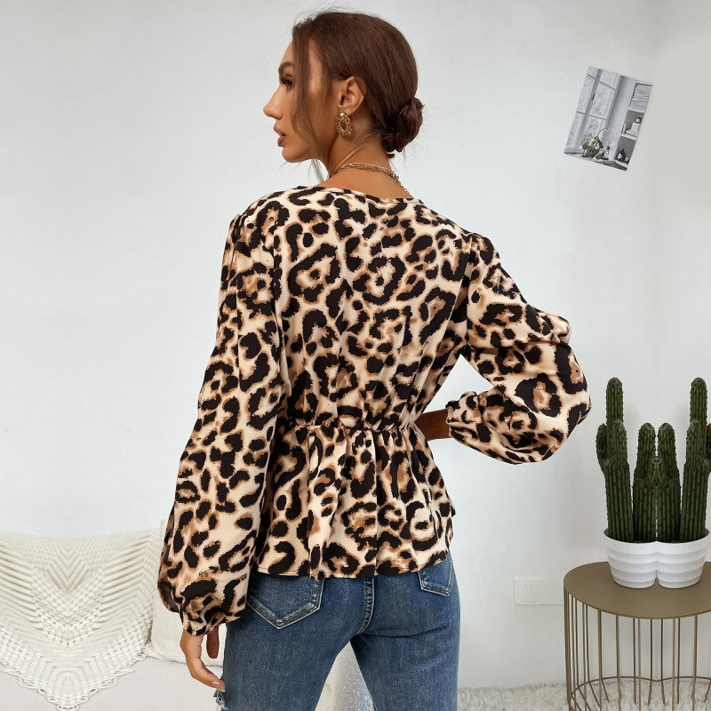 LOVEVOP New spring and summer new 2025 women's clothing hollow long-sleeved leopard print v-neck waist pullover long-sleeved shirt