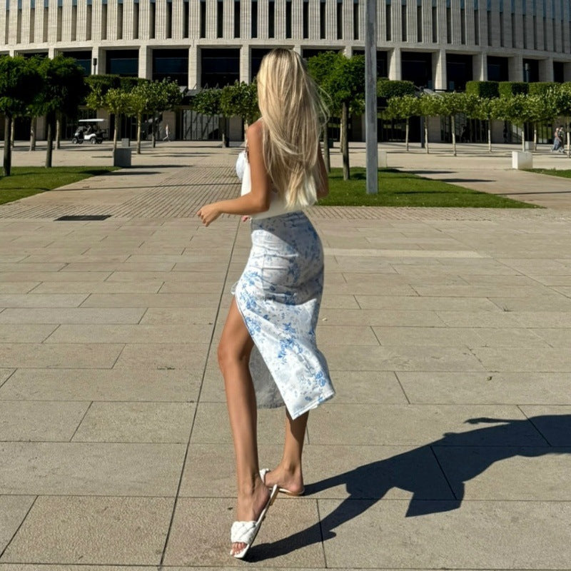 LOVEVOP 2025 style cross-border Hot summer new printed dress suspender off-the-shoulder slim women's clothing wholesale