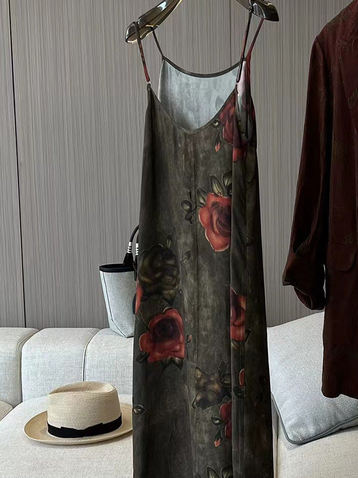 2025 "Spot" 2023um retro high-quality copper ammonia silk suspender skirt niche rose print vacation dress