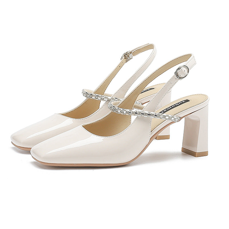 2025 778-11 one-word square head thick heel high heels women's 2025 summer new rhinestone empty bag head high heel sandals