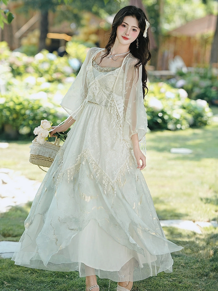 2025 Huge beautiful summer dress exotic style wear seaside vacation lace embroidered suspender skirt set