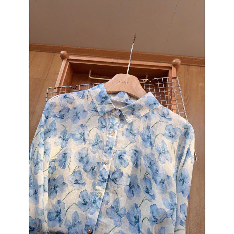 Gentle wind light blue floral shirt summer thin linen literary fresh printed top