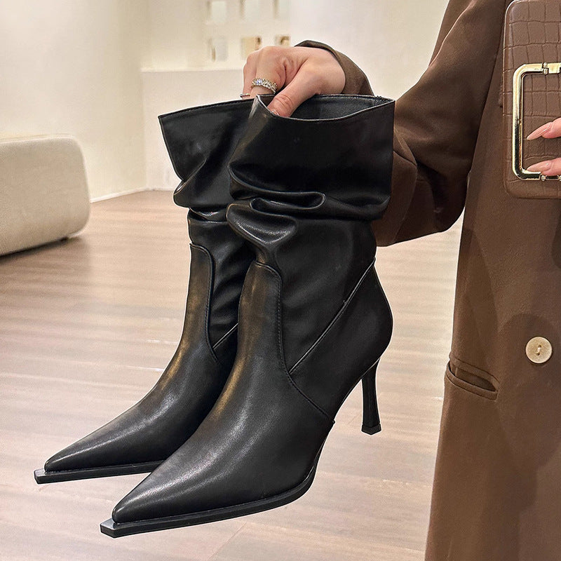 2025 Trendy babes! Pointed high-heeled short boots women's popular new stacking boots stiletto