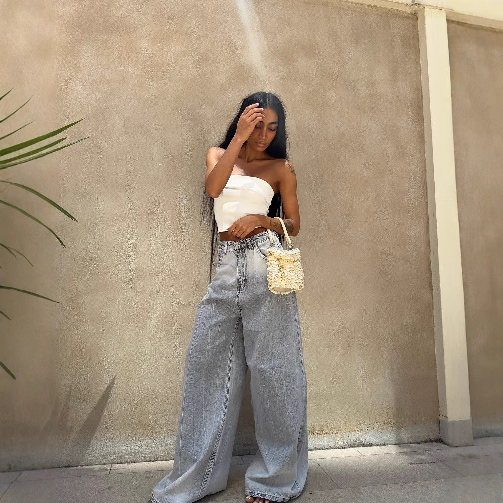 Hot trade New street high waist loose super large size oversize denim wide-leg pants