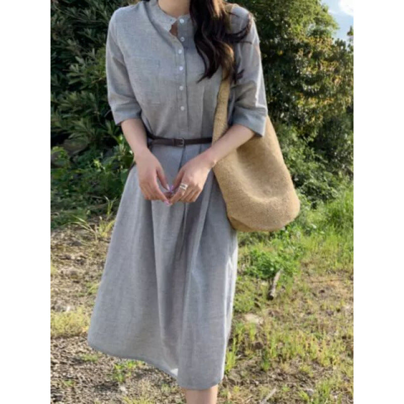 Design temperament literary striped shirt dress women's summer new Korean version loose and thin medium and long dress