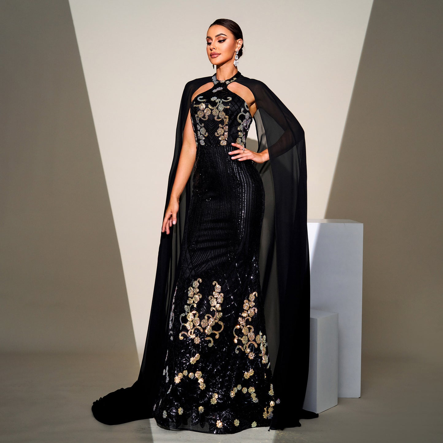 2025 high-end temperament neck long sequined mesh shawl banquet evening dress bridesmaid dress women