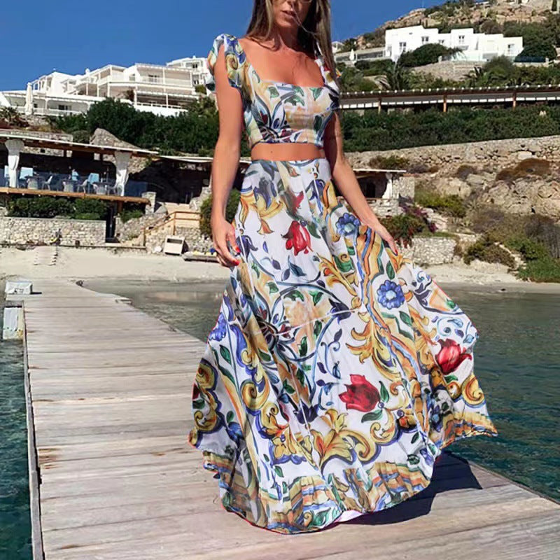 2025 Cross-border Summer New Popular and 2025 New Women's Clothing Bohemian Sexy Printed Sleeveless Dress Two-piece Set