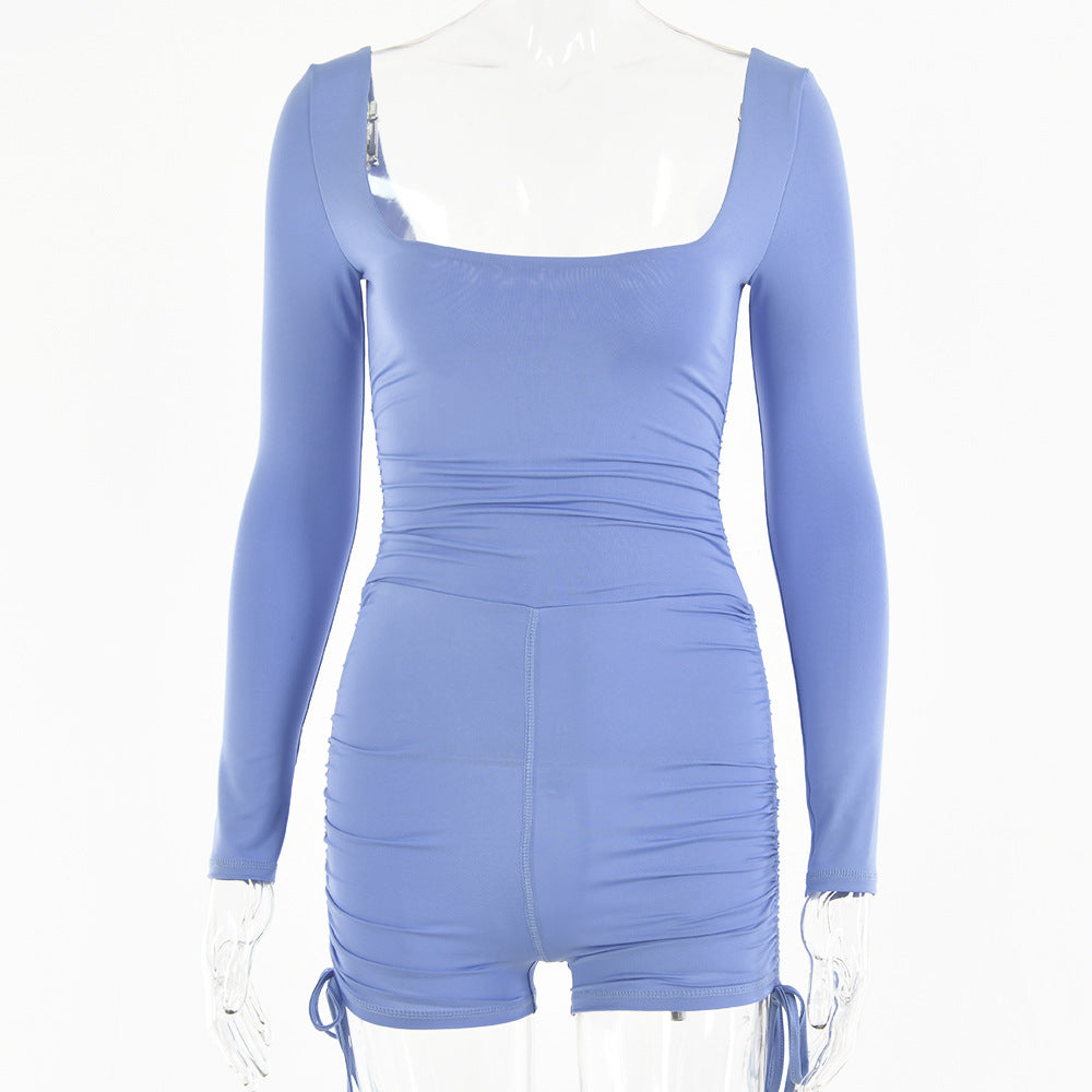 2025 hot-selling summer new square collar jumpsuit women's sexy tight sports style long-sleeved drawstring jumpsuit