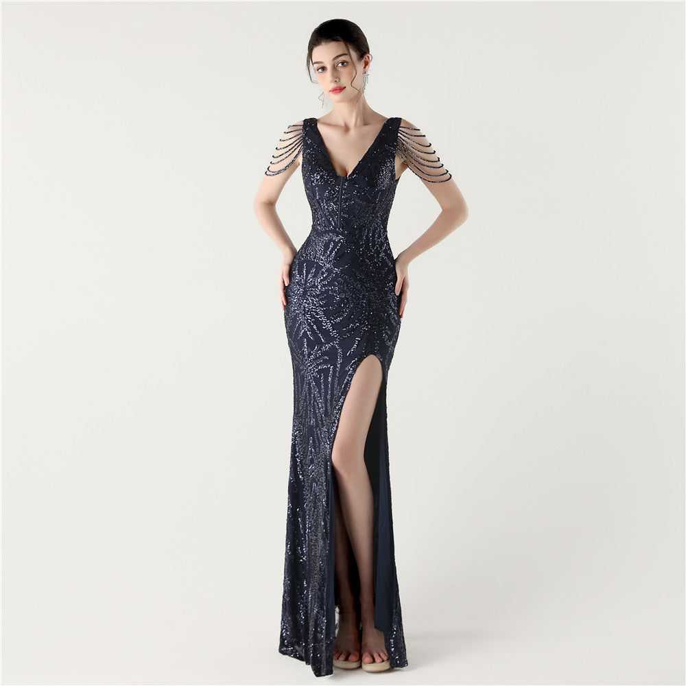 33352 #2025 New Heavy Industry Fishbone Waist Strap Deep V High Split Evening Dress, Red Carpet Dinner Host