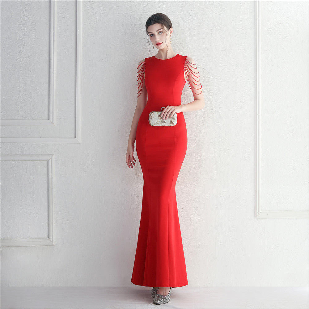 31106 #Hot trade spot handmade beaded bridesmaids guest wedding celebration long fishtail dress