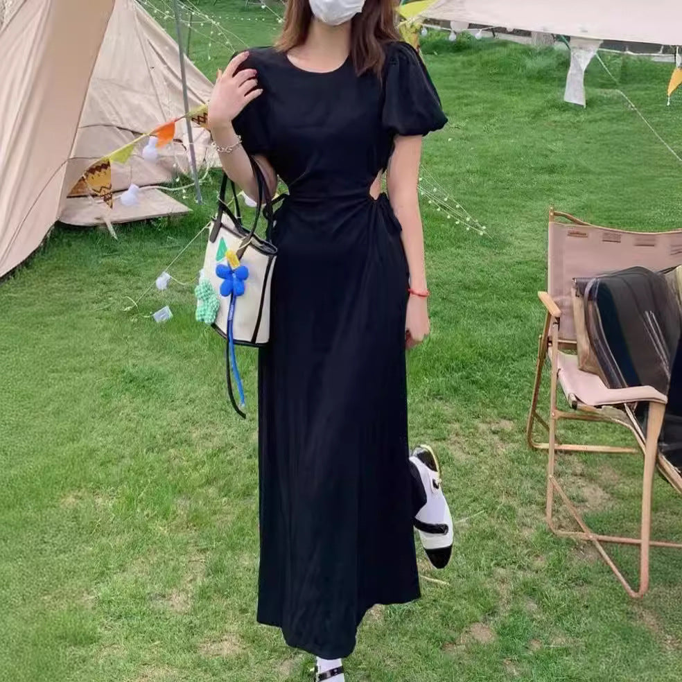 2025 (Spot) Summer age reduction, Popular style and thin, small waist, medium and long skirt, bubble sleeves, black and white plaid dress