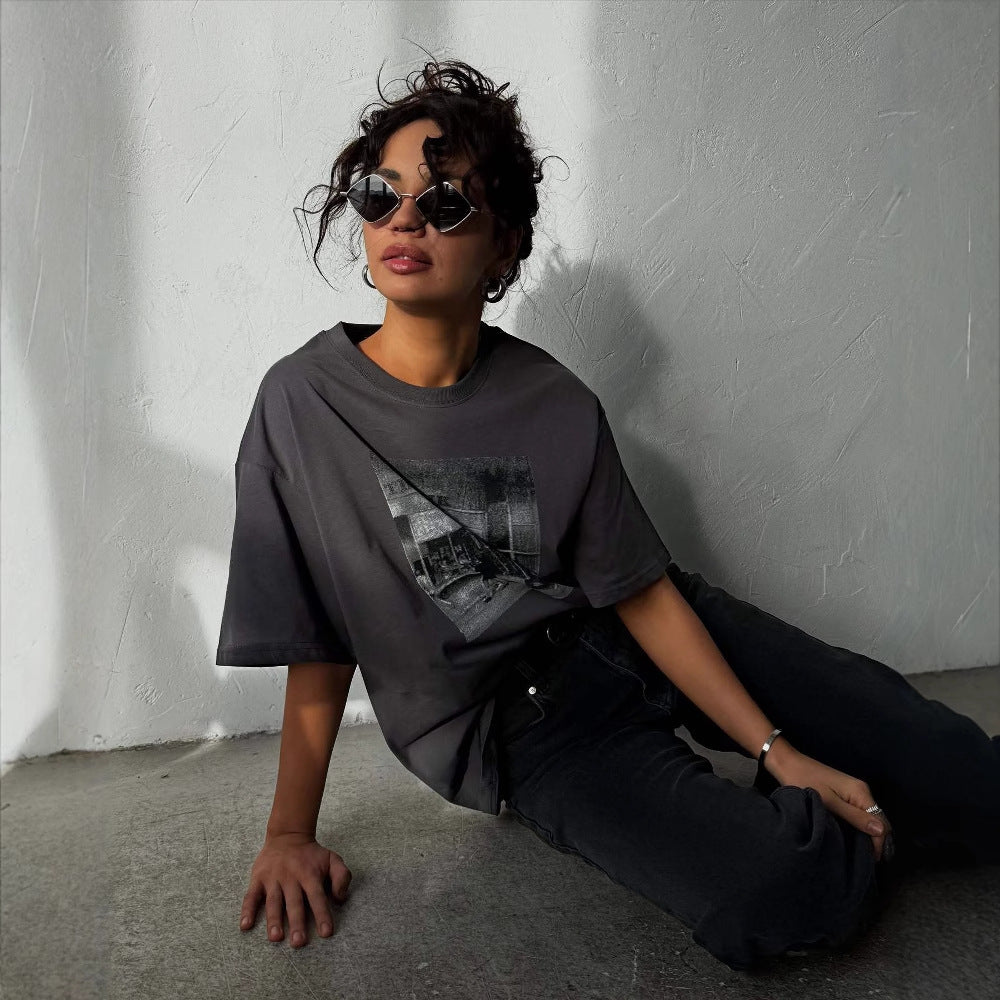 loose casual design top retro niche printing short-sleeved T-shirt women