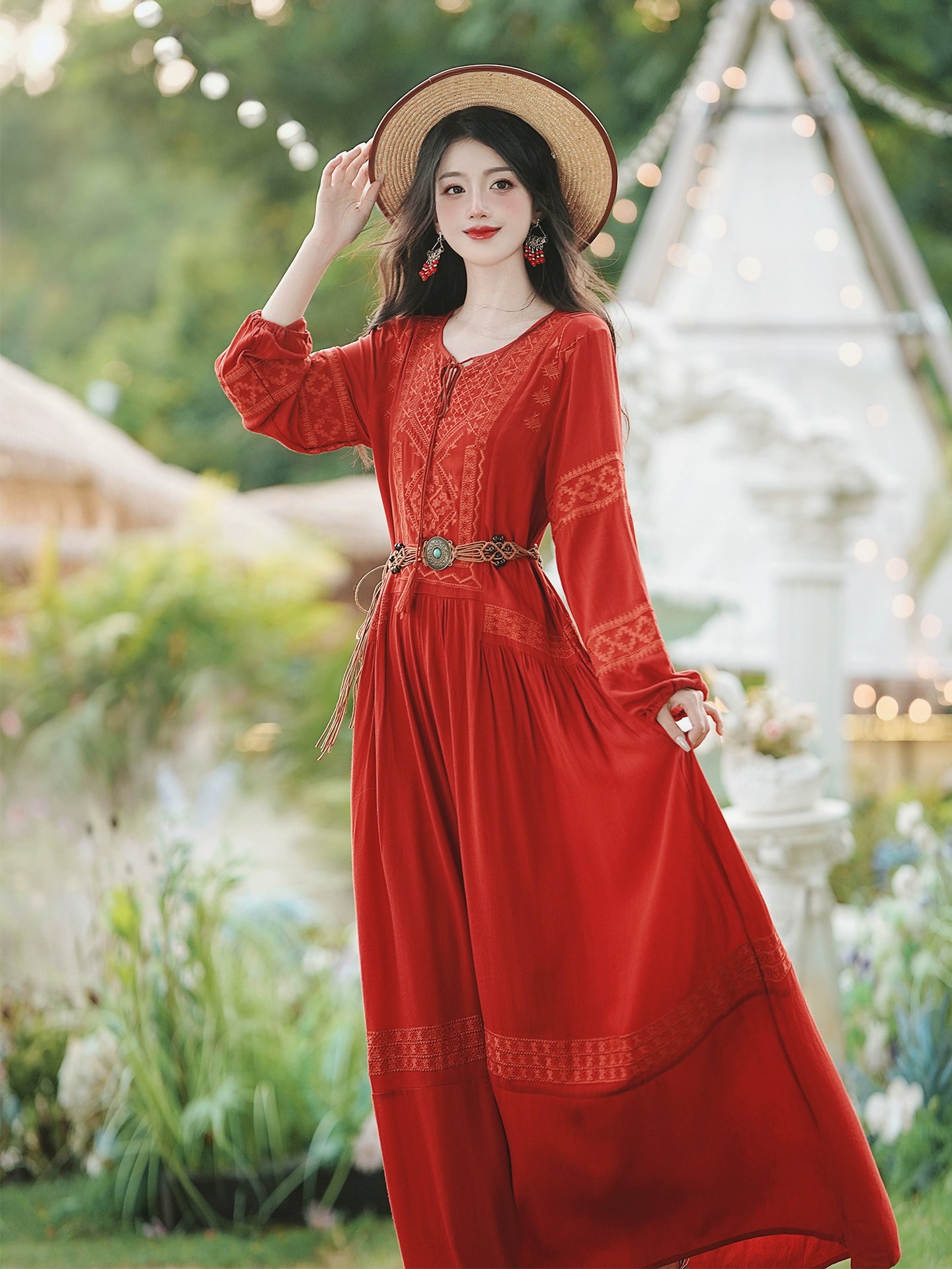 stunning retro embroidered dress women's bohemian vacation dress desert red dress red grassland dress