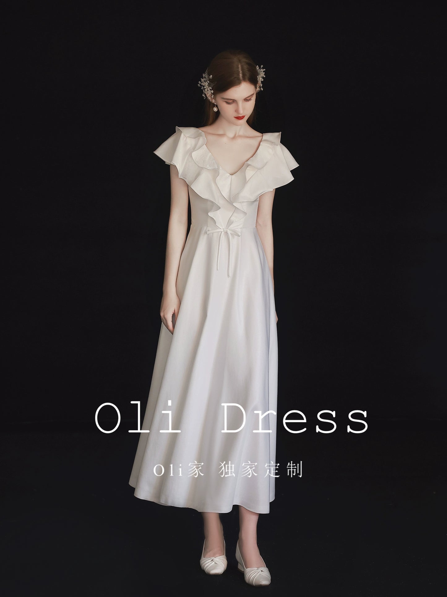 Oli family style small white dress certificate engagement 2025 bridal morning gown evening dress annual meeting adult satin light luxury