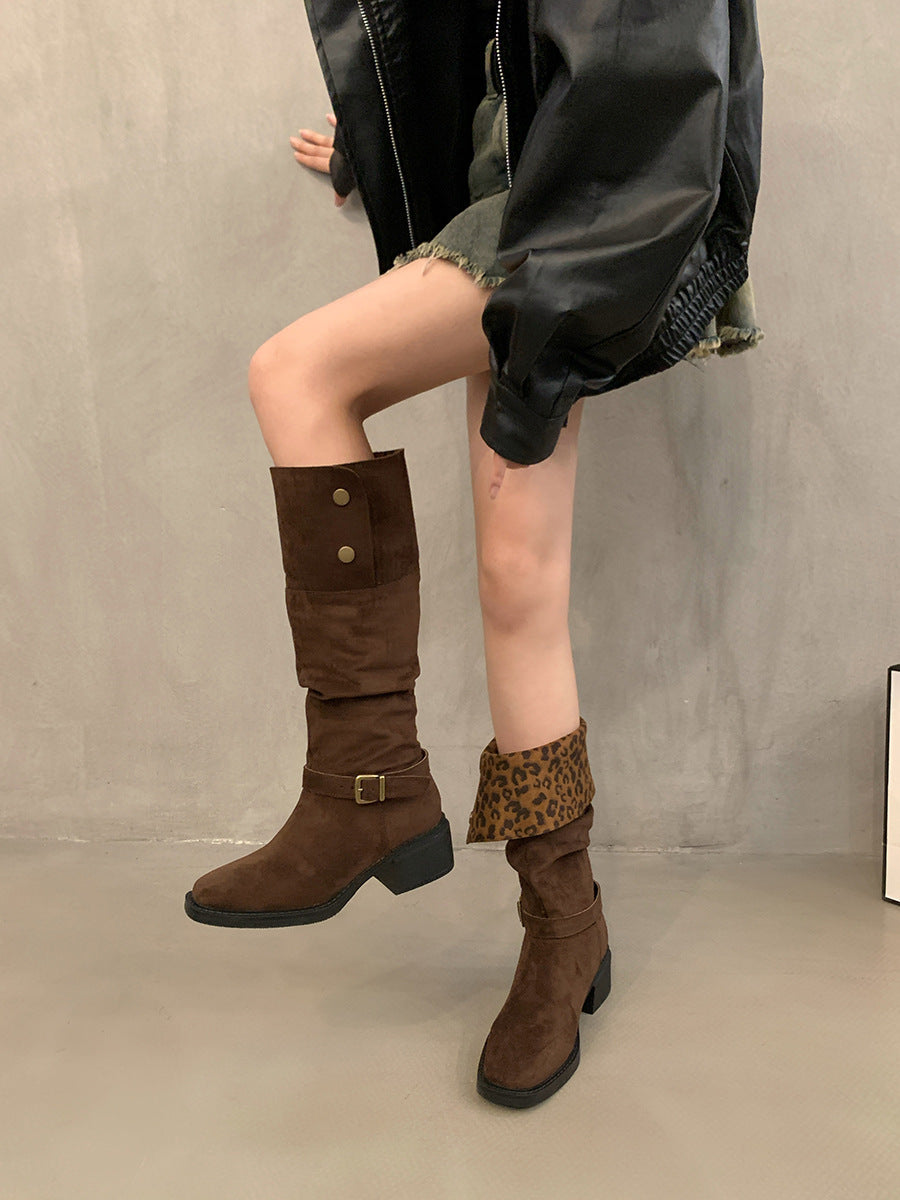 2025 popular autumn and winter new retro leopard print flip two wear boots female thick heel tall knight pile western boots
