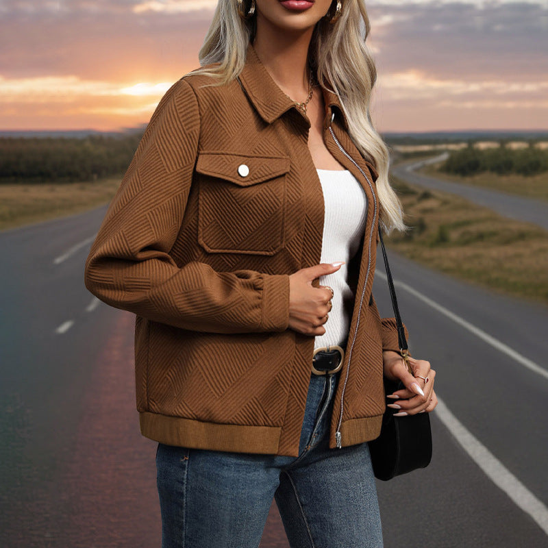 LOVEVOP 2025 Hot autumn and winter knitted jacket lapel jacket zipper texture casual jacket