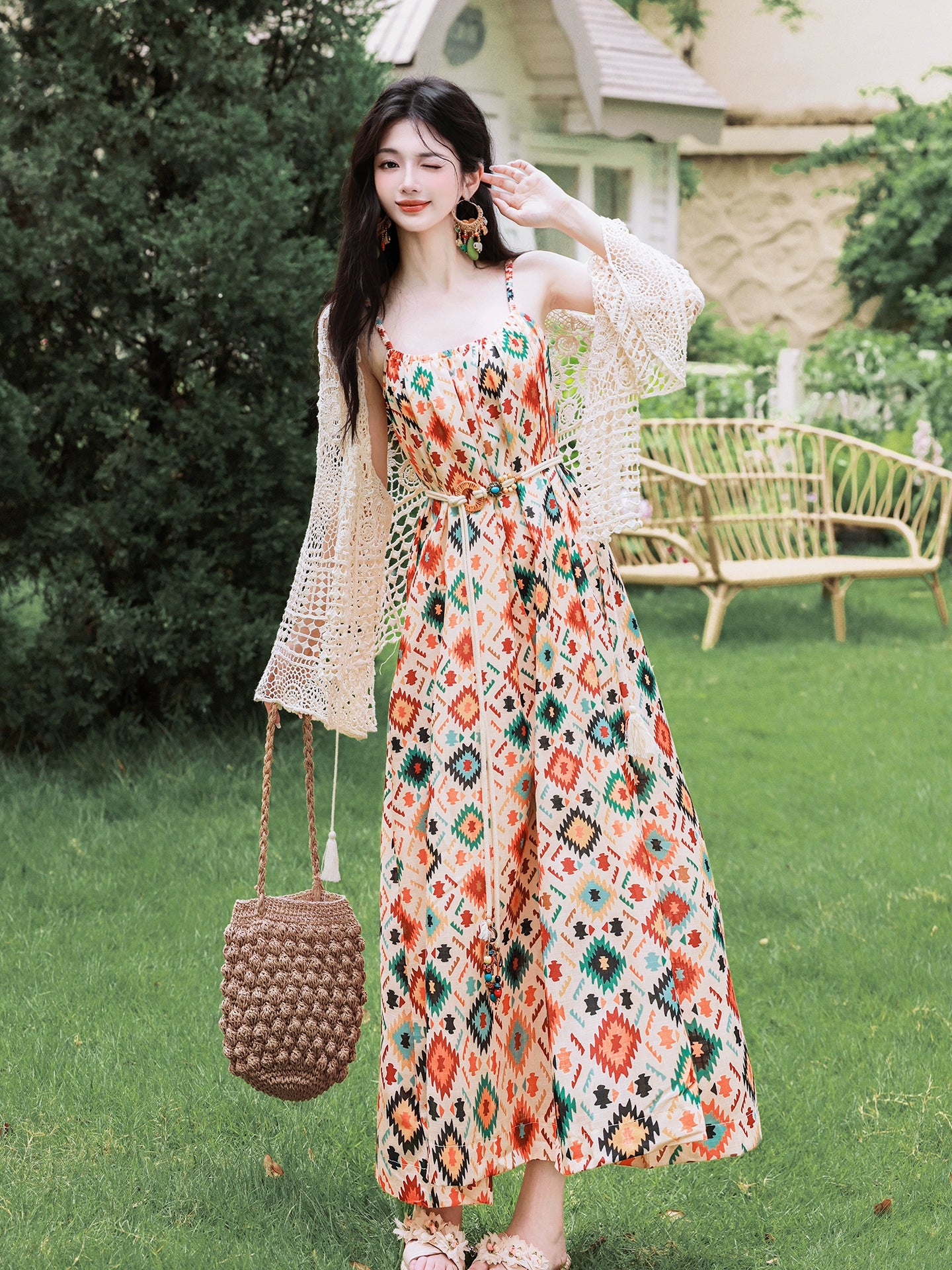 South seaside vacation floral suspender dress women's summer loose long dress with hollow crochet jacket two-piece set