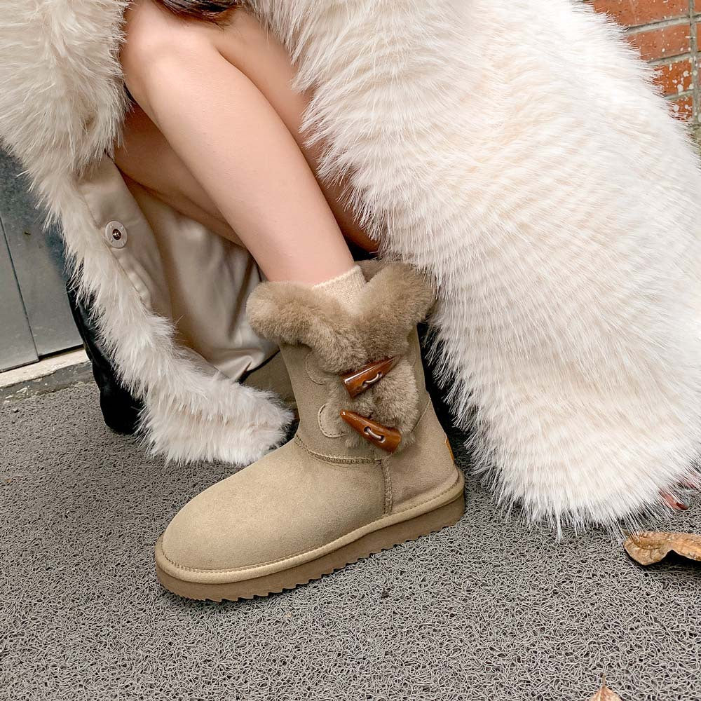 2025 popular new horn buckle medium tube snow boots women's fur integrated non-slip thickened warm northeast cotton boots short boots