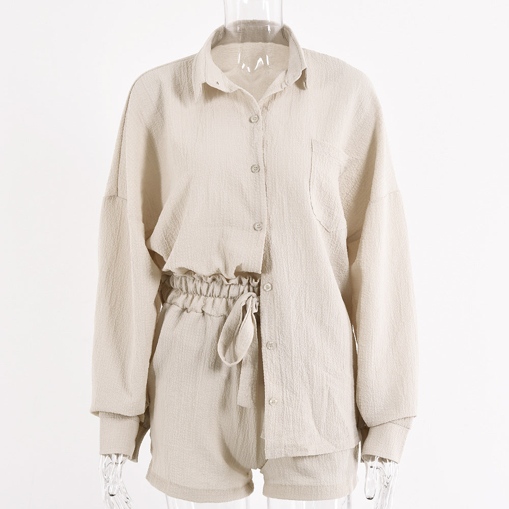 2025 women's clothing autumn new sexy suit solid color single-breasted cardigan loose top high waist shorts two-piece set women