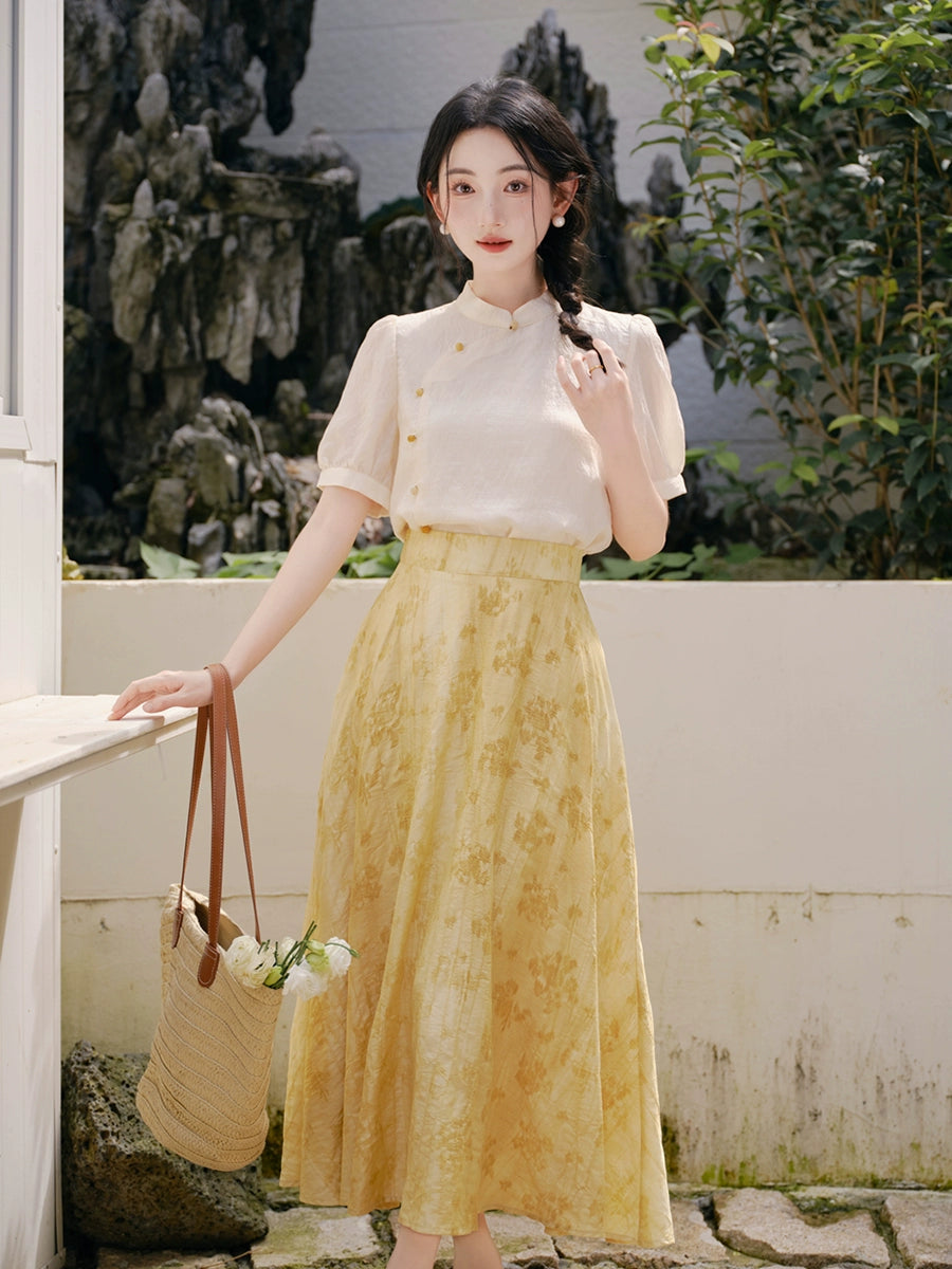 New Chinese national style set Chinese cheongsam small retro bubble sleeve top with jacquard skirt set