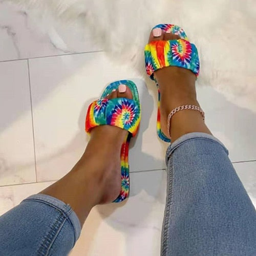 Back To School Outfit lovevop Woman Square Toe Tie Dye Slippers Women Mixed Color Pleated Slides Flats Female Shoes Ladies Summer Beach Footwear Big Size